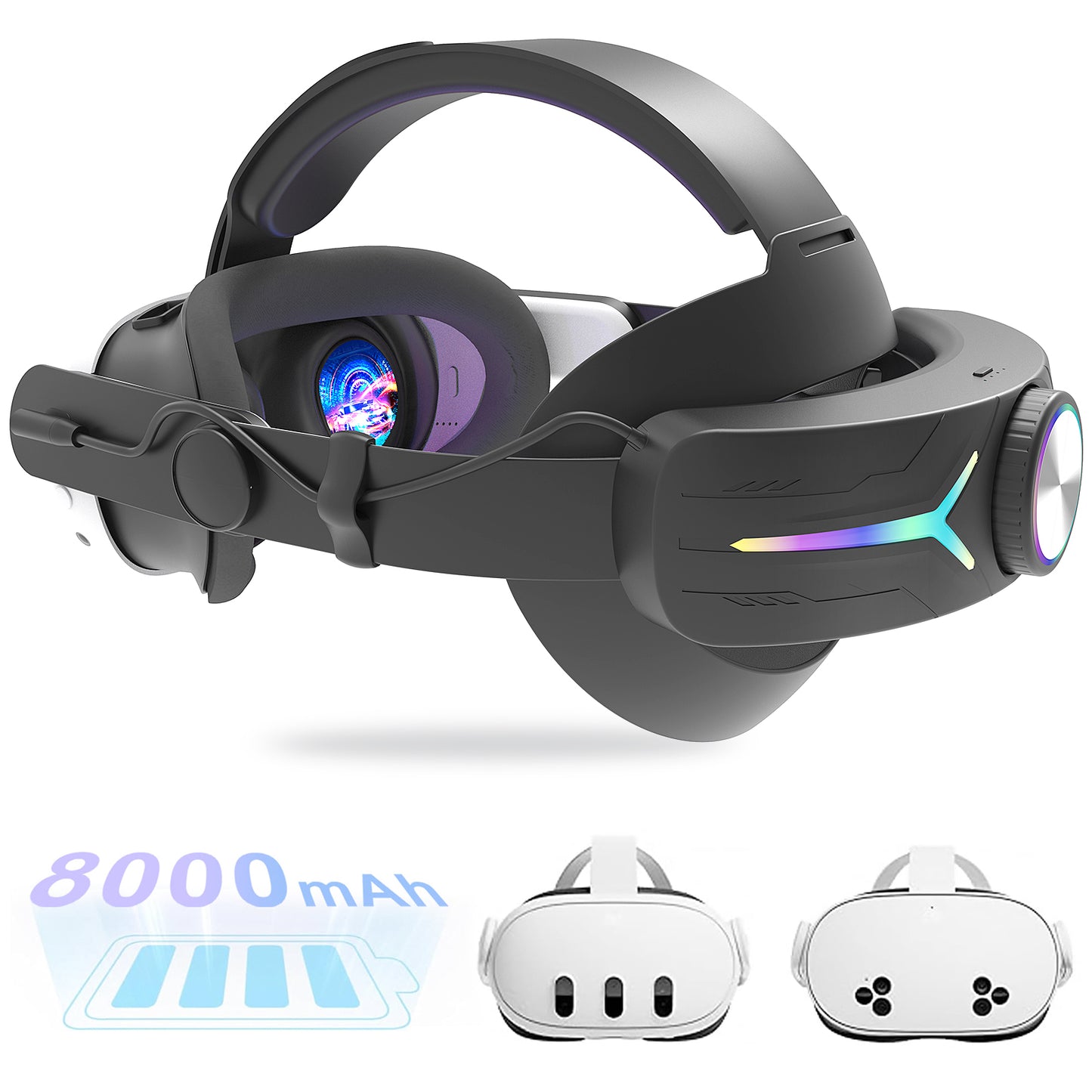 RGB Light Head Strap with Battery for Meta Quest 3, mbananavr Battery Pack Head Strap Accessories for Oculus Quest 3, PD Fast Charging Enhance 5-7 Hours Gaming Time, Black